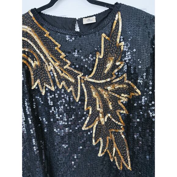 Vintage Silk Leaf Sequin Blouse 2X Black & Gold Holiday Glam 80s Retro MobWife - Picture 6 of 6